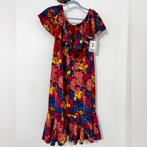 LulaRoe Cici Dress Floral Ruffle Off Shoulder multicolored abstract pattern XL